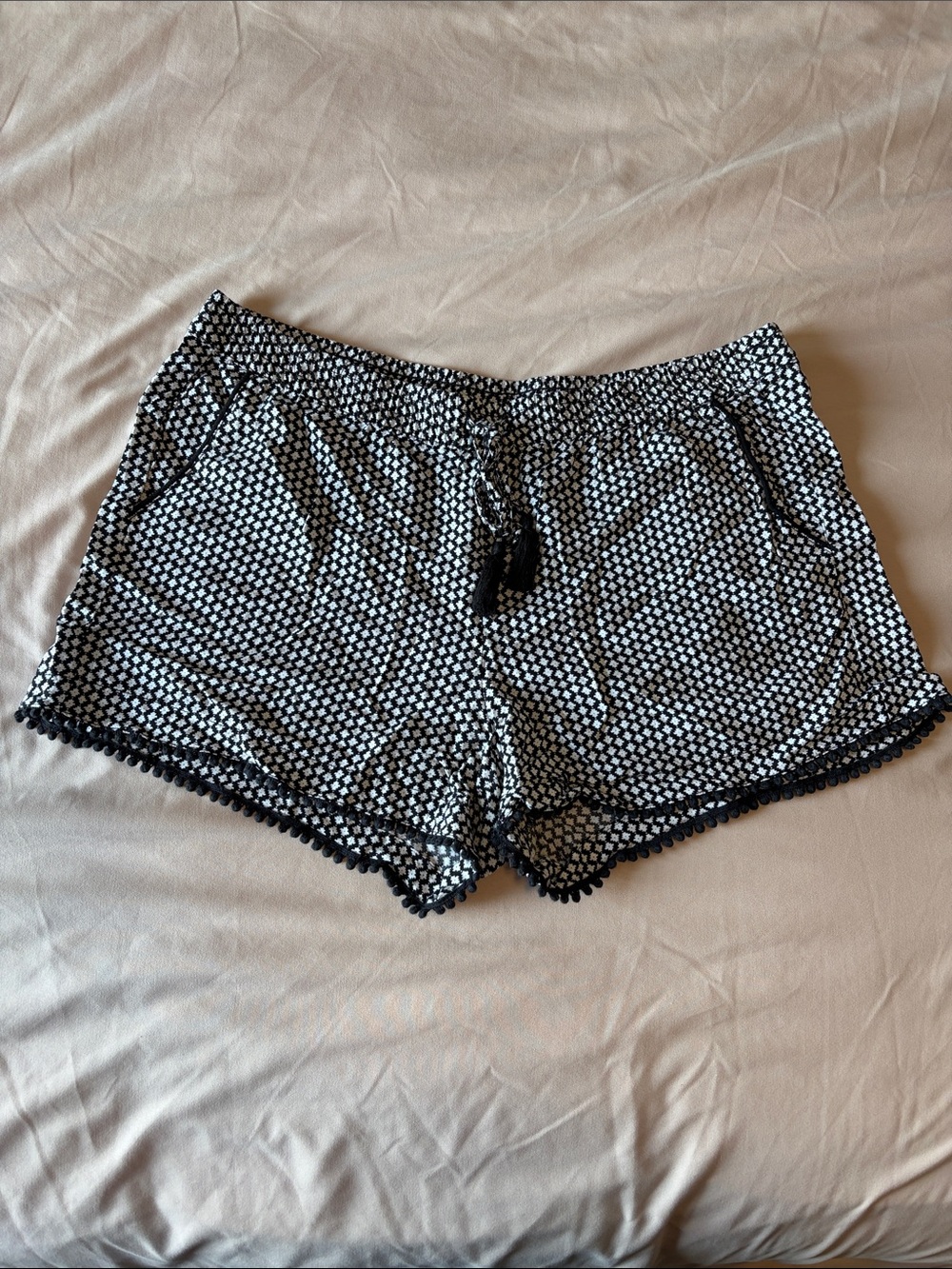 Black & White Geometric Pom-Trim Lounge Shorts